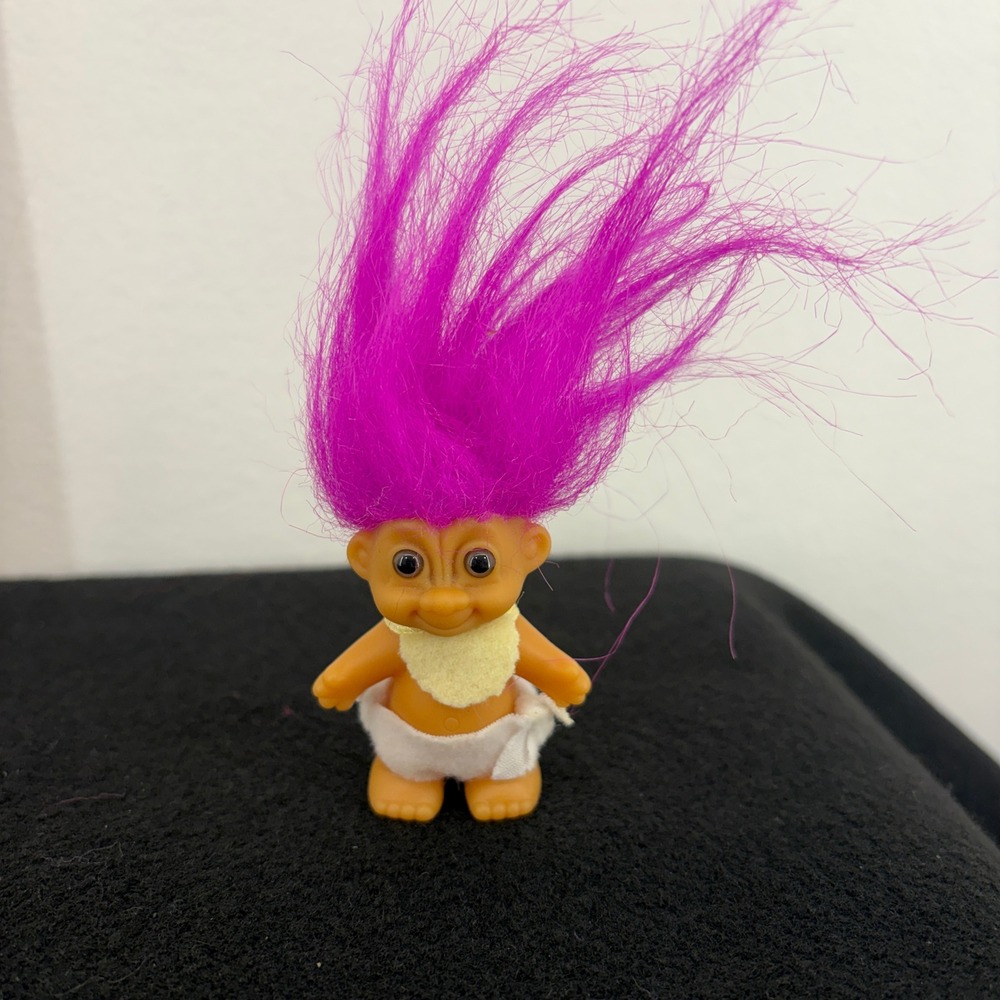 VTG 90s Russ Troll‎ Doll Baby Pink Purple Hair Yellow Bib Diaper Toy Item 18345